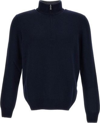 Gran Sasso Blue High-Neck Wool-Blend Zip Sweater
