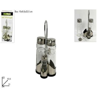 Trade Shop Trade Shop - Set De 4 Botellas Menage Para Vinagre De Aceite Salt Pepper Cap De Vidrio Dispensador De Acero
