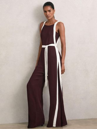 Reiss Burgundy & cream Colourblock Wide Leg Belted Jumpsuit, 4