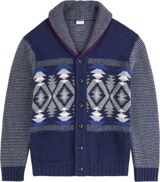 Fay Jacquard Knit Cardigan With Geometric Motifs And Shawl Collar