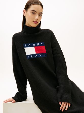 Tommy Jeans Strickkleid TOMMY JEANS TJW TURTLENECK FLAG DRESS EXT, Damen, Gr. XL (42), N-Gr, schwarz, Strick, Obermaterial: 53% Polyester, 38% Nylon, 9% Wolle, be