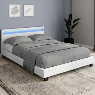 IDMarket Cama Doble Neo 140 X 190 Cm Pvc Blanco Con Somier Y Led Integrados