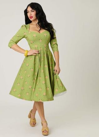 Unique Vintage Sweetheart Swing Dress in Chartreuse & Pink Rose Print at Nordstrom, Size X-Large
