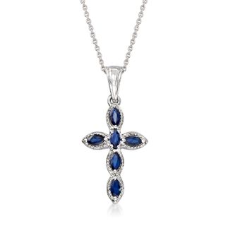 Ross-Simons Marquise Sapphire Cross Pendant Necklace in Sterling Silver