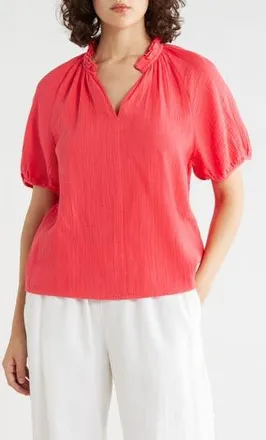 Caslon Split Neck Puff Sleeve Cotton Gauze Top in Red Geranium at Nordstrom Rack, Size X-Small