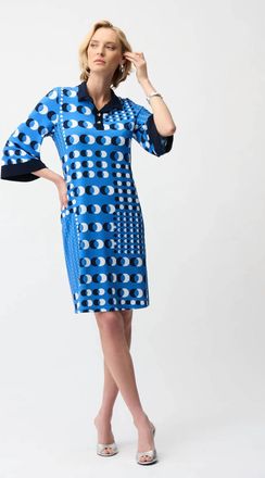 Joseph Ribkoff Silky Knit Dot Print Shirt Dress In Blue/vanilla