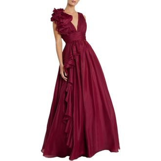 Mac Duggal Ruffle Shoulder V-Neck Chiffon Gown in Wine at Nordstrom, Size 14