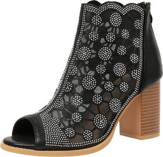 Generic Fashion Women Autumn Mesh Rhinestone Thick Sole Square Heel Zipper Booties Open Toe Sandals Casual Footwear (Black, 6.5)