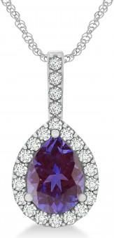 Allurez Pear Shape Diamond & Lab Alexandrite Halo Pendant 14k White Gold 1.25ct