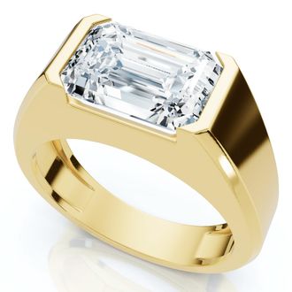 Pompeii3 Certified 3Ct Mens Emerald Cut Half Bezel Diamond Ring 14k Gold or Pt Lab Grown