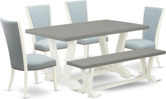 East West Furniture 6 Piece Dining Set - 4 Baby Blue Linen Fabric Dining Room Chairs with Nailheads and Cement Modern Dining Table