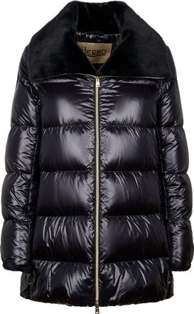 Herno Glossy Quilted Short Coat with Plush Collar and Metallic Details