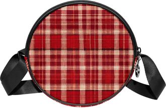 Generic Circle Crossbody Bag for Women, Red Retro Plaid Small Sling Bag Daypack with Zipper Adjustable Shoulder Straps Casual Ladies Girls Round Purse