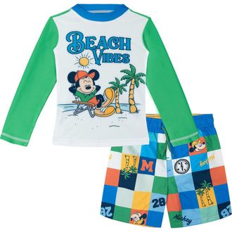 Disney Mickey Mouse Swimwear 2-Piece Rash Guard and Swim Trunks Set in Mickey Beach Green at Nordstrom, Size 12M