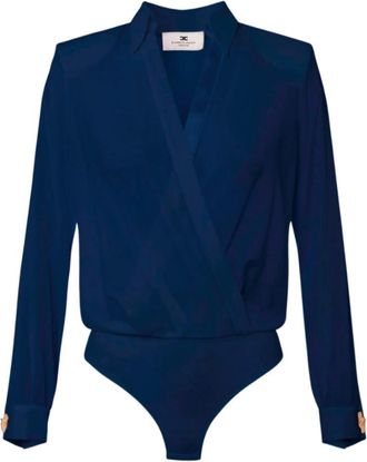 Elisabetta Franchi Georgette Jacquard Shirt met gekruiste hals en letters - Dames - Bodies - Blauw - S - Tops