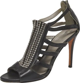 Gina Black Leather Crystal Embellished Sandals