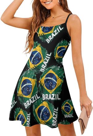 Generic Brazil Flag Brazilian Womens Summer Dresses Spaghetti Strap Dress Mini Dress Swing Short Dress L Black