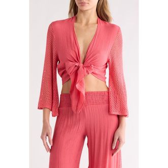 Elan Open Stitch Accent Tie Front Cover-Up Top in Coral at Nordstrom Rack, Size X-Large