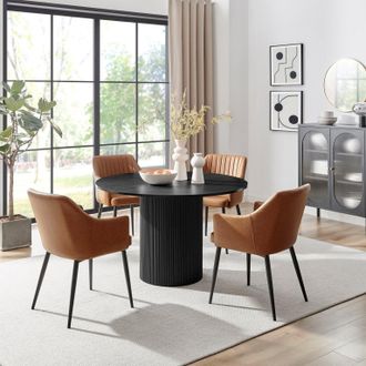 Furniturebox Penrose Black Round Dining Table & 4 Calla Faux Leather Chairs in Tan