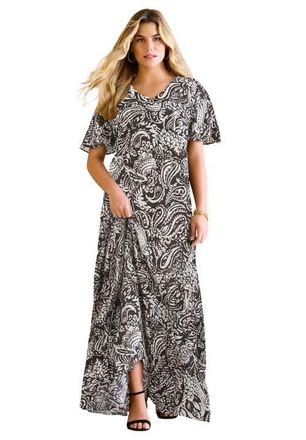 Roaman's Plus Size Hand Crinkled Flutter-Sleeve Maxi Dress in Black Paisley Graphic at Nordstrom, Size 32P