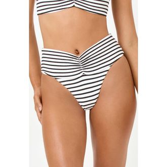 L*Space Bardot Ruched Jacquard High Waist Bikini Bottoms in Sail Along Stripe at Nordstrom, Size X-Large