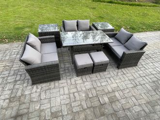Fimous 8 Seater Wicker PE Rattan Garden Furniture Sets Outdoor Lounge Sofa Set with Oblong Dining Table Double Seat Sofa in Dark Grey