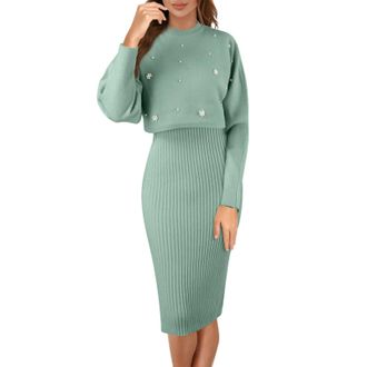 Generic Womens Elegant Knitted Wedding Dress Set - Two-Piece Midi Dress with Spaghetti Straps, Green