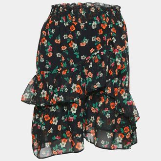 Maje Black Floral Print Ruffled Jupe Imprime Mini Skirt