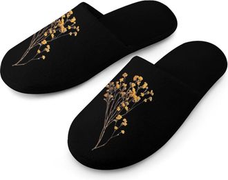 Generic Yellow Dried Flowers Mens Flannel Slipper Soft Non Slip House Shoes Comfy Winter Warm Indoor Outdoor Slippers