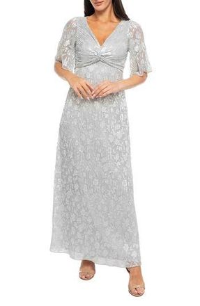 OLEG CASSINI Metallic Flower Pliss&eacute; Gown in Silver at Nordstrom Rack, Size Large