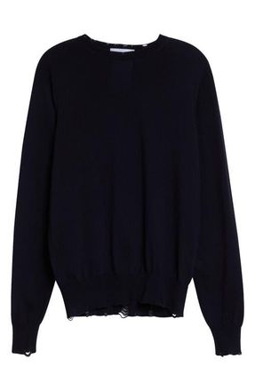 Stella McCartney Distressed Merino Wool Sweater in Navy at Nordstrom, Size Medium