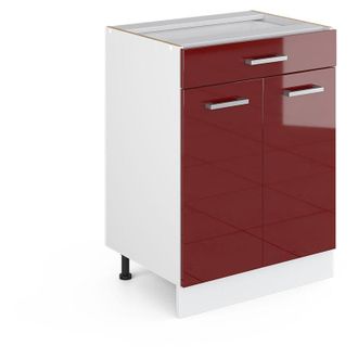 Vicco Mobiletto base per cucina R-Line, Rosso bordeaux lucido, 60 cm con cassetto, pl Rovere Vicco