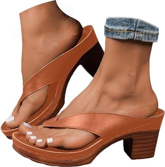 Generic 2026 New Womens Orthopedic Arch Support Chunky Heel Sandals, Comfortable Orthopedic Slip-On Open Toe Heeled Flip Flops,Casual Wedge Thong Sandals (Bro