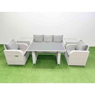 Fimous Outdoor Rattan Garden Furniture Dining Set 5-seater Patio Rectangular Table 3 Seater Sofa Reclining Chair Set with 2 Side Tables - Fimous