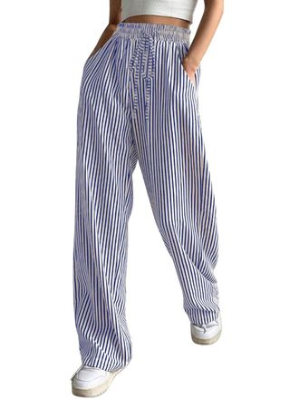Generic Womens Casual Striped Pants Drawstring Elastic Waist Straight Wide Leg Trousers with Pockets Casual Lightweight Comfortable Dress Work Palazzo Pants L