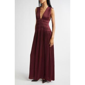 Ulla Johnson Tasneem Pliss&eacute; Plunge Neck Gown in Claret at Nordstrom, Size 8