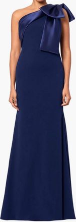 Betsy & Adam Long Scuba Crepe Dress With Satin Bow In Navy