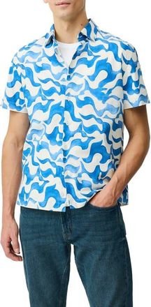 Rodd & Gunn Fireshaw Wave Print Short Sleeve Cotton Button-Up Shirt in Ocean at Nordstrom, Size Xxx-Large