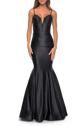 La Femme Satin Mermaid Prom Gown with Corset Top in Black at Nordstrom, Size 16