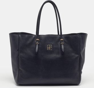 Carolina Herrera Navy Blue Leather Shopper Tote