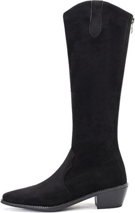 Generic Womens Faux Suede Western Boot with Zipper Pointed Toe Knee High Boots Chunky High Heel Long Boots,Black,3.5 UK