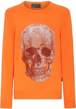 Philipp Plein Truien & Vesten, Heren, Oranje, 3Xl, Pullover Ronde Hals Iconic Plein met Kristallen