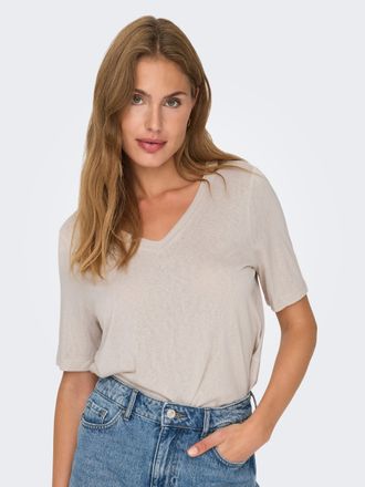 Only Kurzarmshirt ONLY ONLELISE S/S V-NECK TOP JRS NOOS, Damen, Gr. XS, gelb (moonbeam), Jersey, Obermaterial: 70% Viskose, 30% Polyester, unifarben, regul