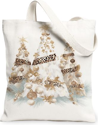 Generic Christmas Tree Canvas Tote Bags, Stylish Floral Pattern Reusable Grocery Bags, Winter Chic Lightweight Washable Shoulder St, White, 13x15 Inch