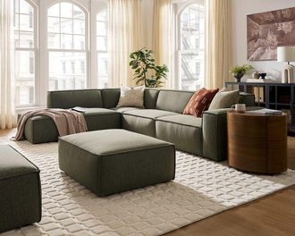 Castlery Jonathan Extended Side Chaise Sectional Sofa Left Facing with Ottoman, Performance Twill Moss, Modular, Low-Profile, Green, Castlery