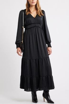 Treasure & Bond Smocked Cuff Long Sleeve Satin Maxi Dress in Black at Nordstrom Rack, Size Xx-Small