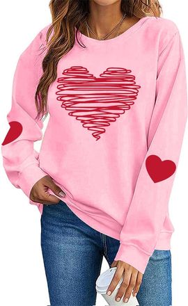 Generic Valentines Day Sweatshirts for Women UK Heart Print Relaxed Fit Round Neck Long Sleeve Tops Ladies Jumpers Soft Comfy Letter Printed Pullover Festive 