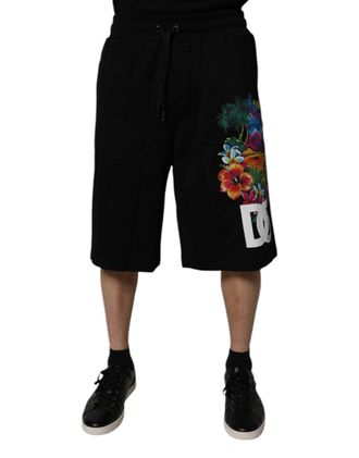 Dolce & Gabbana Mens Black Cotton Logo Floral Print Bermuda Shorts