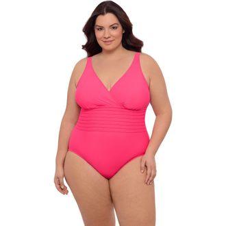 Aqua Green Plus Size V-Neck Surplice Trim Overlay Full Coverage One-Piece Swimsuit in Rose Quartz at Nordstrom, Size 1X