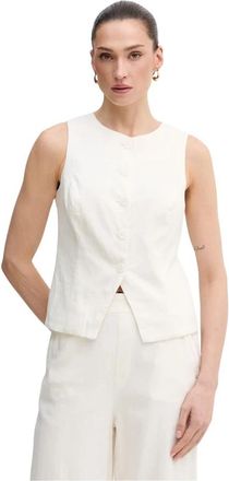 DKNY Linnen Gilet met Knopen aan de Voorkant - Dames - Gillet - Beige - L - Linnen - Kostuums